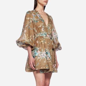 NWOT ZIMMERMANN 100% Linen Cassia Wrap Short Brown Floral Dress